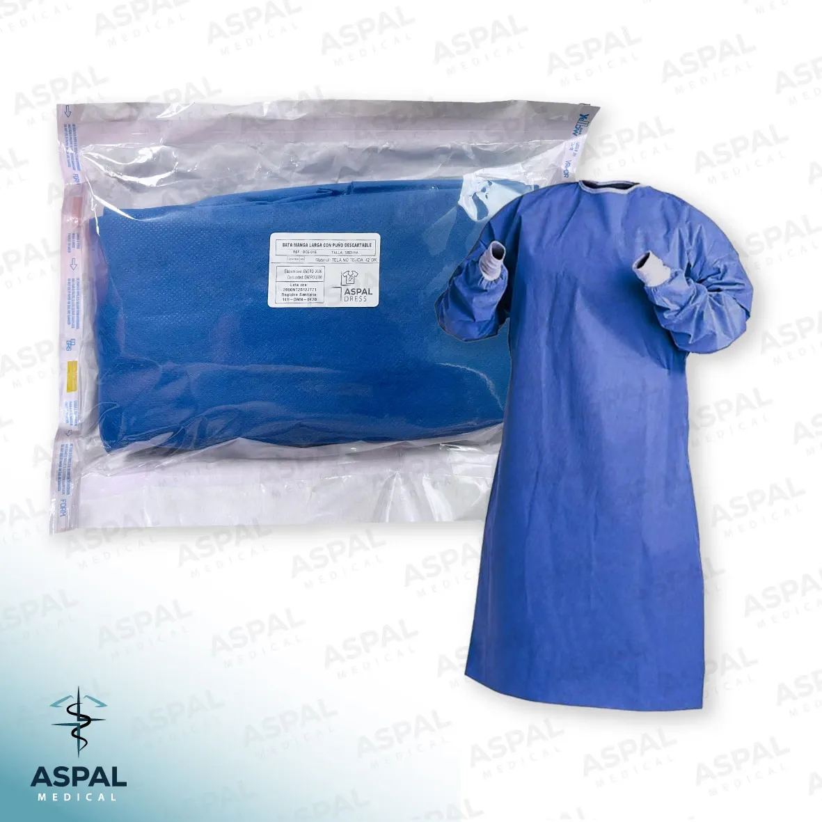 Bata de cirujano con puño de algodón tela SMS descartable (Medium, Estéril)